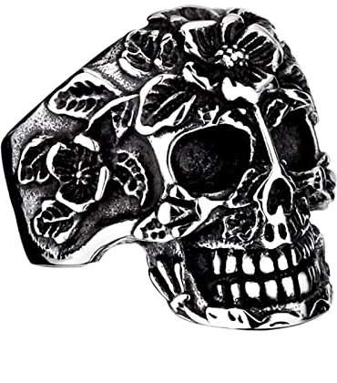 Homxi Bague Homme Gothique,Bagues avec Fleur Rose avec Tête de Mort Bague Acier Inoxydable Personnalisable Noir Bague Taille 57