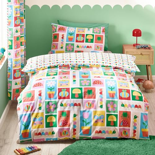Catherine Lansfield Kids Curious Caterpillar Reversible Single Duvet Cover Set with Pillowcase Bright