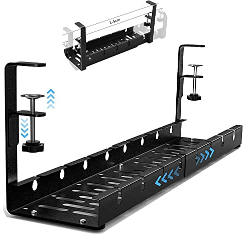 Kabelkanal Schreibtisch, HQQNUO Kabelmanagement Schreibtisch Ohne Bohren Schwarz Einziehbarer 30.5-55cm, Verstellbarer Metall Kabelhalter Kabel Organizer für Home Office Cable Management Under Desk