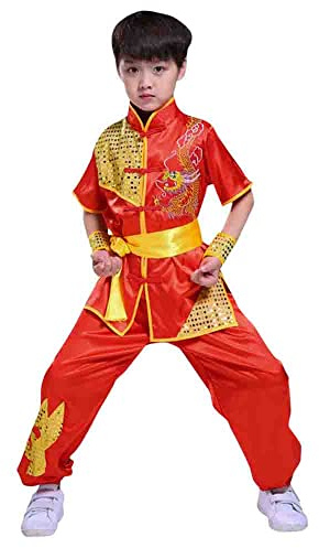 Boys Girls Kung Fu Master Tai Chi Dragon Chinese Uniform Top Shirt Pants Set Outfit (Red, 9-10 Years)