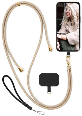 moex Unleash for Doro 8050 Mobile Phone Strap for Hanging Without Case, Mobile Phone Chain with Carabiner, Removable Mobile Phone Neck Strap, Strap Chain with Pad for Mobile Phone Case, Beige, Gold