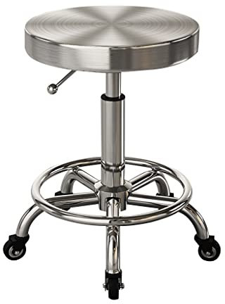 Arbeitshocker Aus Edelstahl, Gold Drehbar Sitz Bank, Schwarzer Boden Mobiler Laborhocker, Mit 5 Rollen Verstellbar 48-58cm