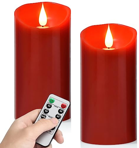 Tappovaly LED-Kerzen, flammenlose batteriebetriebene Kerzen. Blinkende Kerze mit Fernbedienung und Timer. Set von 2 echtes Wachs, verwendet für Wohndekoration und Feiertagsfeiern (2PACK, rot)