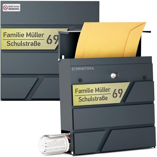PRINTIMA Julia Personalisierter Briefkasten Anthrazit (RAL7016) mit Zeitungsfach: Wetterbeständigkeit, Eleganz, mit Realistischem Vorschau auf Personalisierung, 37x37x11 cm DIN EN 13724