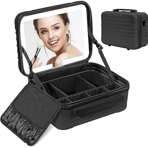 Deciniee Makeup Bag with LED Mirror: Travel Makeup Case with Light 3 Setting - Professional Organiser Bag with Removable Compartments for Women - Black