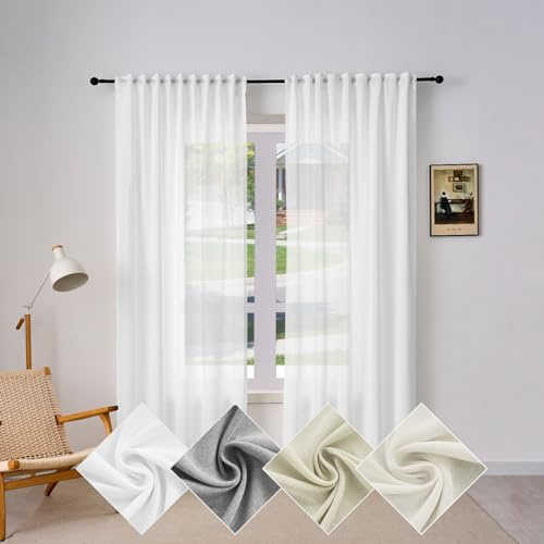 WOLTU halbtransparenter Vorhang mit Kräuselband Leinenoptik 135x225cm Weiß | Gardineschal für Wohnzimmer Schlafzimmer, moderne Stores mit weichem Licht 225cm Lang（1 Stück）