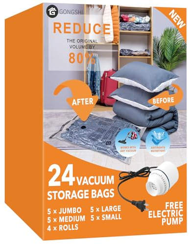 GONGSHI Vacuum Seal Bags for Clothing Travel & Home Storage, Travel Vacuum Bags with Pump,Space Saver for Blankets, Comforters, Pillows, Clothes,24 Combo with Electric Pump
