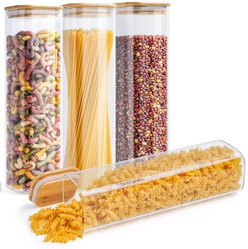 Happy Lemuro Premium Vorratsgläser mit Deckel Eckig [Extra Dickes Glas] 4 x 1,4l - Müsli, Spaghetti Aufbewahrung - Aufbewahrungsgläser mit Deckel - Vorratsglas Luftdicht, Nudel Aufbewahrung