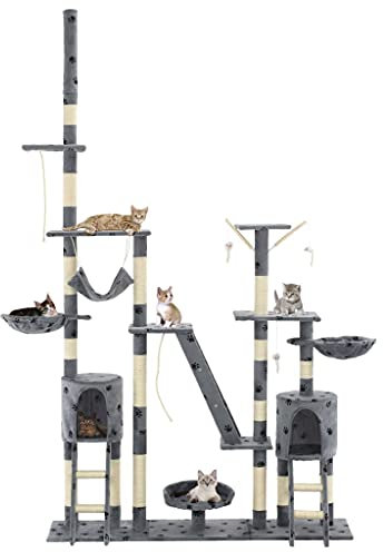 Baziroo Kratzbaum mit Sisal-Seil 147x35x(230-250) cm Grau mit Pfoten-Muster Cat Furniture Katzenmöbel Sachen für Katzen Cat Toy Kratzmöbel Cat Scratching Post Katze Scratcher Katzenzubehör Indoor
