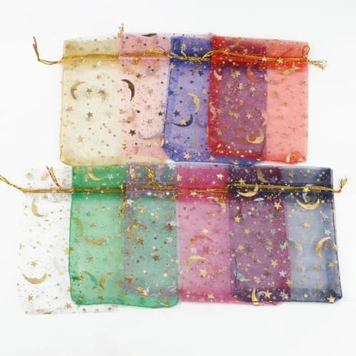 LZBANI 50 Teile/los Druck Mond Stern Organza Beutel 7x9 9x12 11x16 13x18 cm Weihnachten Kordelzug Geschenk Tasche Charme Schmuck Verpackung Taschen-Mix farbe-9x12 cm