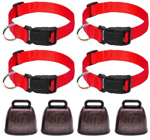 4 Pièces Colliers de Chèvre avec Clochette, Colliers Réglables en Nylon, Cloche de Vache, Prévention des Pertes, pour Chèvres, Bovins, Chevaux, Ovins (Rouge)