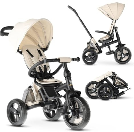 Deryan Explorer Triciclo da 9 Mesi fino a 25 kg – Triciclo per Bambini con Maniglione di Spinta – Sedile Girevole – Tettuccio Estensibile con Protezione Solare - Crema