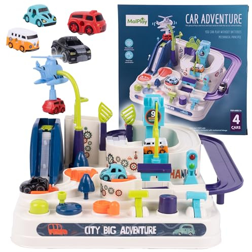 MalPlay Autos Rennstrecken-Spielzeug interaktives Parken Rutsche Lift Helikopter mit Zuberhor Kleinkinder ab 3 Jahre Jungen Mädchen Montessori Frühpädagogisches Toys