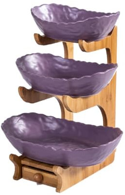 JUNYFFF Fruteros De Cocina Modernos Cerámica, 3 Pisos Cesta De Frutas Y Verduras Estable Y Sin Sacudidas, Cocina Frutero con Pararse Bambú para Sala De Estar, Cocina,Púrpura