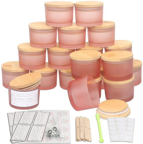 MILIVIXAY Confezione da 20 barattoli per candele in vetro rosa opaco da 113,4 g, con coperchio e kit per la creazione di candele, piccoli barattoli vuoti per candele – contenitori per spezie e