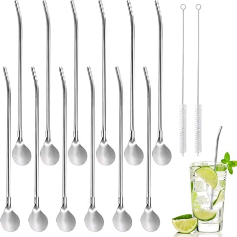 12 Stück Strohhalm Löffel Mit 2 Reinigungsbürsten - Edelstahl 304 Kein Rost Trinkhalme Mit Löffel für Smoothies, Milchshakes, Cocktail, Latte Macchiato