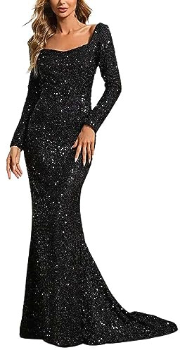 Abendkleid Lang Damen Glänzend, Elegant Pailletten Kleider Langarm,Maxi Kleid V-Ausschnitt Ballkleid Festlich Hochzeitsgäste Quaste Cocktailkleid Maxikleid Partykleid Etuikleid A Linien Kleid