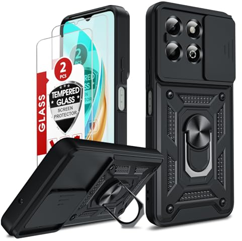 LeYi for Honor X6b Phone Case, Black | with Camera Cover Slider |2 Tempered Glass Screen Protectors, Ring Stand Holder, Rugged Protective Tough Armor Cover
