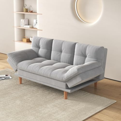 CONCEPT USINE | Canapé Convertible Modulable 3 Places | Design Kalmar Gris Clair | Tissu 100% Polyester | Canapé Lit Fonctionnel | Accoudoirs et Support Central Rabattables, Dossier Inclinable
