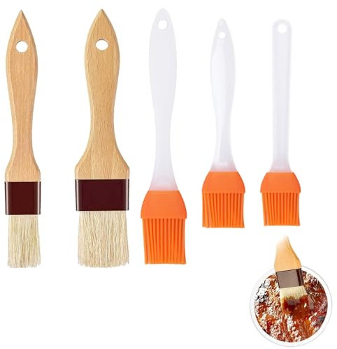 5Pcs Pastry Brushes, Oil Brush for Cooking, Bristle Silicone Pastry Brushes for Baking and Wooden BBQ Basting Brush for Bread Dough, BBQ Sauce, Baking Cooking, Cakes, Meat, Desserts (Flat Handle)