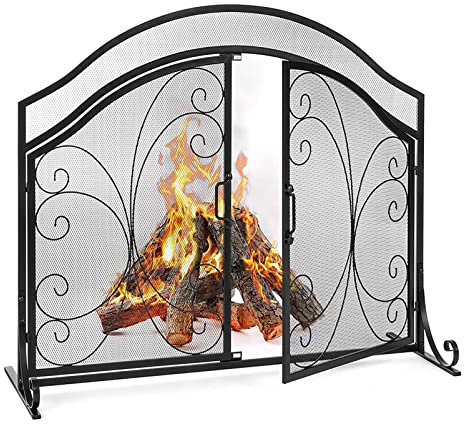 Pare-feu cheminée élégant Fer forgé avec Portes, Pare-étincelles feu à Panneau Unique Maille pour intérieur et extérieur