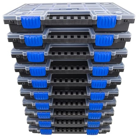 HASKYY Lot de 10 boîtes de rangement XL - Divisées et empilables - 345 x 249 x 50 mm - Pour petites pièces - Boîte à outils - Compartiments de rangement