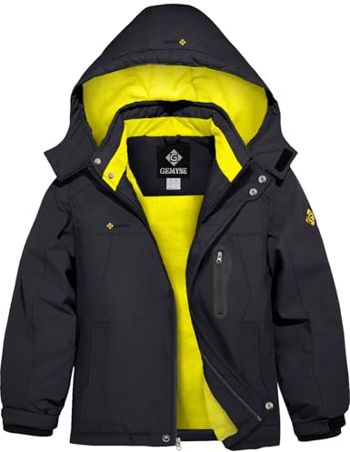 GEMYSE Jungen Skijacke Wasserdichte Winddichte Winterjacke Mit Warmer Fütterung Kinder Schneejacke mit Kapuze für Outdoor(Schwarz mit gelbem Futter,128-134)