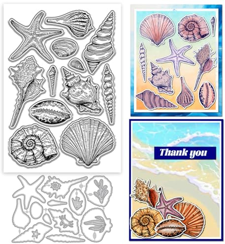GLOBLELAND Sommer Meer Clear Stamps Und Metallschablonen Muschel Transparenter Stempel Seesterne Koralle Schneidformen Für Kartenherstellung Prägung Scrapbooking