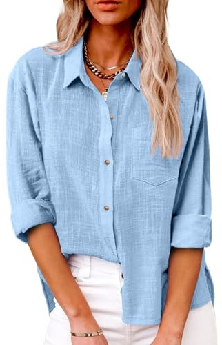 SHEKINI Women Casual Blouse V-Neck Shirt Button Down Linen Tshirt Tops | Long Sleeve,Dressy Blouses Office Work Blouse，Plus Size，V Neck,Roll-up Sleeve，Collared Loose Oversized Summer Tops