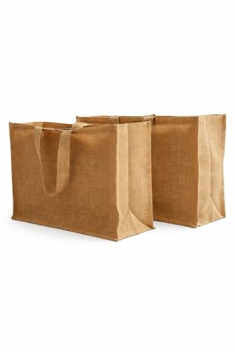 FROM INDIA BOUTIQUE Lot de 2 Sac Cabas en Toile de Jute Naturel 50x35x20 cms (35L) – Sac de Courses Réutilisable Écologique – Sac Jute Solide avec Poignées pour Marché et Shopping