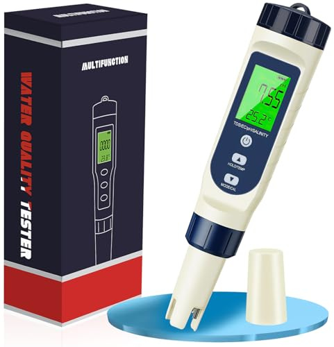 5 in 1 PH Messgerät Wasser, Hochpräziser Wassertester mit LCD-Display, PH Wert Messgerät, TDS/EC/Salzgehalt/Thermometer/pH Tester, Ideal für Trinkwasser, Pool, Hydroponik