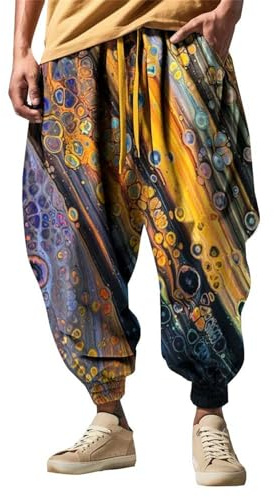Haremsbyxor herr överdimensionerade breda ben byxor roligt tryck hiphop streetwear avslappnad passform säckiga byxor elastisk midja träningsbyxor med dragsko lätt vandringsbyxor för hippie S-5XL, BLÅ
