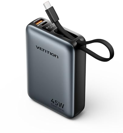 VENTION Mini Power Bank 45 W 20000 mAh con Cable USB-C Integrado, Cargador rápido PD/PPS, baterías externas para teléfono móvil con Pantalla LED para iPhone 16/15/14, Galaxy S25/S24, iPad, Ordenador