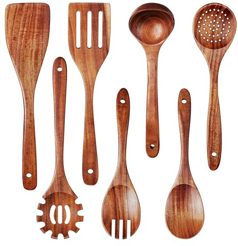 Homikit Küchenhelfer Set aus Holz, 7 Stück Küchenutensilien Kochlöffel | Holz Pfannenwender Set Holzspatel Holzlöffel, Hitzebeständig Kochutensilien Kochbesteck Set für Küche, Spülmaschinenfest