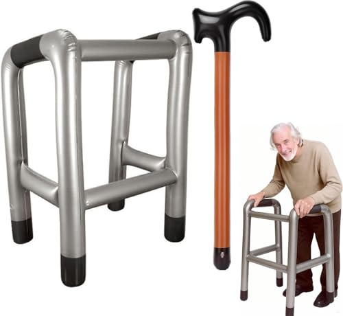 Aufblasbare Gehhilfe & Gehstock Set, Rollator Spazierstock Aufblasbar, Lustiges Rentner Kostüm Accessoire, Scherzartikel Oma Opa Verkleidung, Kostümzubehör Geschenk für Karneval, Fasching, 2 Stück