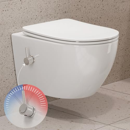 HOROW WC con ugello integrato, sospeso senza bordi, funzione bidet, rivestimento nano, doccia con rubinetto, sedile con abbassamento automatico, acqua fredda e calda, 53,5 x 36 x