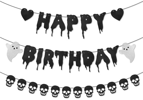 Halloween Happy Birthday Banner, Vorgespannter Schwarzer Glitzer Geist Totenkopf und Herz Hängende Girlande Gothic Gruselige Blutige Geburtstagsdekoration für Halloween-Partyzubehör