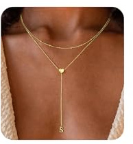 TINGN Layered Y Kette Gold - 14K Vergoldete Herz Kette Gold Damen Halskette mit Buchstaben S Personalisierte Goldkette Damen mit Anhänger Lange Halskette Frauen Personalisierte Geschenke für frauen
