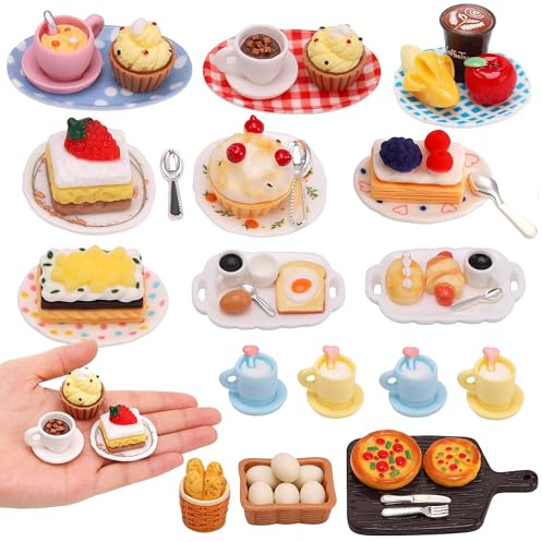 Set Miniature d'aliments,Accessoires pour Maison de poupées avec gâteaux,Vaisselle et Boissons pour décorer la Cuisine des poupées