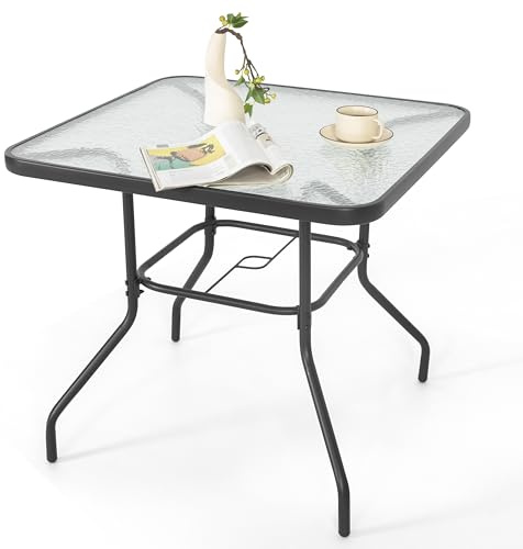 Avestar 80 cm Quadratischer Outdoor Esstisch, Terrassentisch mit Schirmloch, Gartentisch mit gehärtetem Glas, Balkontisch, Glastisch, für Balkon, Garten, Poolbereich, Wintergarten, Schwarz