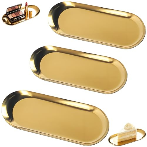 3 Pcs Gold Oval Vanity Trays,Stainless Steel Gold Decorative Trays, Jewelry Dish Candle Key Organizer, Vanity Trinket Tray For Bathroom Bedroom (2 Medium 23x9cm + 1 Small 18x8.5cm)