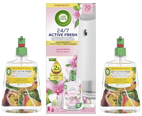 Air Wick Active Fresh Automatisches Duftspray Bundle – Automatisches Starter Set & Nachfüller - 1 x 228ml Jasminblüte & 2 x 228 ml Fruity Paradise Mango & Maracuja – Wasserbasiert, 3x 228ml