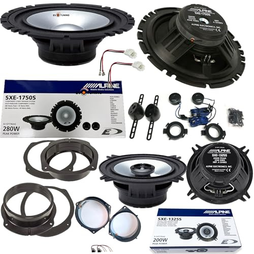 EvoTuning Kit 6 Casse Altoparlanti Alpine per Fiat Bravo dal 2007 Anteriori e Posteriori, Alpine SXE 1750S+1325S Set 2 Woofer 165mm +2 tweeter + 2 Coassiali 13 cm + Anelli e Cavi Adattatori
