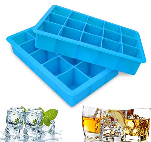 2 Packs Silicone Ice Cube Tray, Easy-Release Ice Cube Moulds 15 Ice Cubs Per Tray for Chocolate Whiskey Cocktail Any Drinks (Blue)