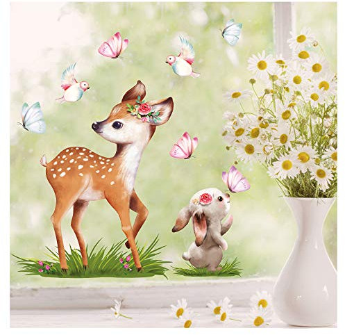 Wandtattoo Loft Fensterbilder Frühling mit Reh und Hasen Motiv – A4 Bogen, Wiederverwendbar – Frühlingsdeko Fenster, Frühlingsbild Fenster, Fensterdeko Frühling, Fensterfolie Frühling Selbstklebend