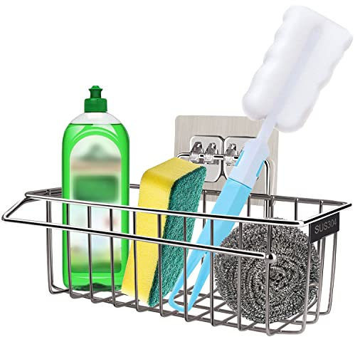 HONZUEN Estante de Almacenamiento para Fregadero Autoadhesiva 2 en 1 Organizador Fregadero Cocina 304 Acero Inoxidable, para Almacenar Esponjas Cepillos para Platos Detergente