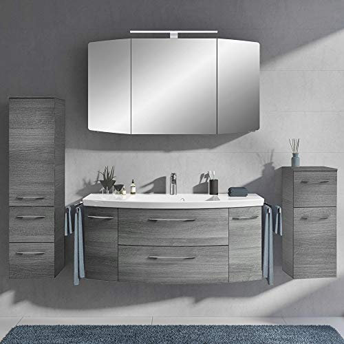 Badmöbel Komplett Set, Eiche graphit Struktur, 120cm Spiegelschrank mit LED Beleuchtung, 121cm Waschtisch-Unterschrank mit Waschbecken, Hochschrank, Highboard, Schubladen & Türen mit Softclose