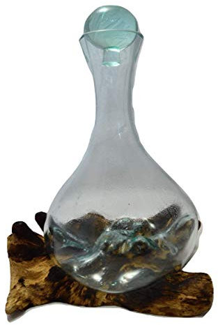 My Family House Carafe with Stopper - Teak Wood & Recycled Glass - Handmade Decorative Bottle - 30 x 25 cm