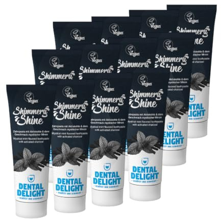 DENTAL DELIGHT 12er Maxi Pack - Shimmery Shine Zahncreme Whitening | Zahncreme, Mit Aktivkohle, 1450 ppm Fluorid, vegan, Made in Germany, Minze, Vegan – unterstützt natürlich weiße Zähne