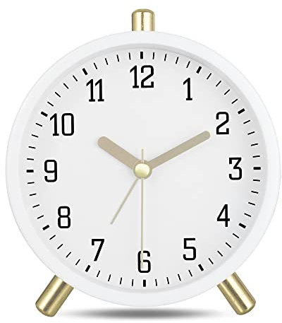 Lafocuse Wecker Analog Ohne Ticken, Metall Weiß Wecker mit Nachtlicht, Batteriebetrieben, Moderne Klassisch Tischuhr Lautlos für Nachttisch Schlafzimmer Büro 11cm